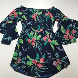 Hint Of Blush Dress Womens Off Shoulder Blue Floral Tunic Flared Cuffs